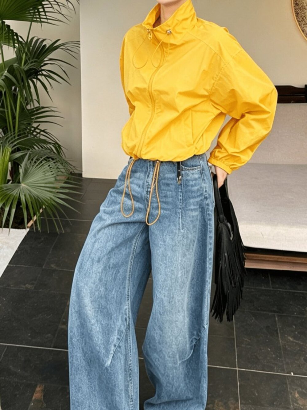 Yellow Casual Women's Loose Fit Short Zip Funnel Collar Lightweight Jacket - Picture 3 of 8